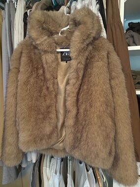 Zara Faux Fur Hooded Jacket in Tan